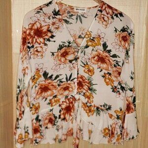 After Market Womens White Floral Long Sleeve Boho Blouse Small